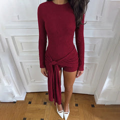 Draped Waist Tie Round Neck Long Sleeve Romper