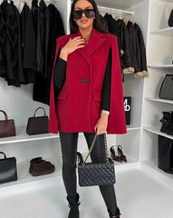 Red Solid Color Lapel Cape Jacket