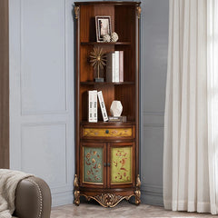 Wooden corner cabinet with decorative elements in a room with gray walls and white curtains.