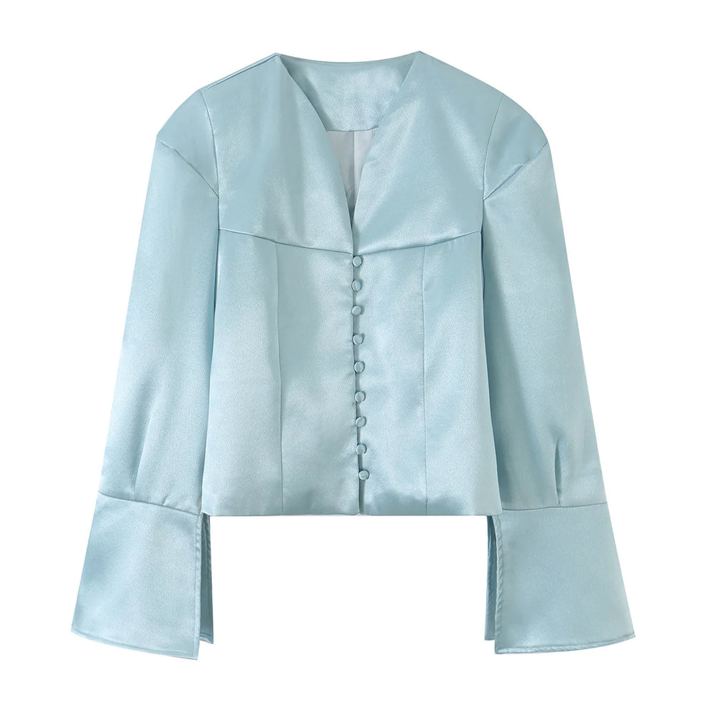 Light blue satin v-neck blazer front view