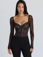 Black Lace Square Neck Long Sleeve Bodysuit