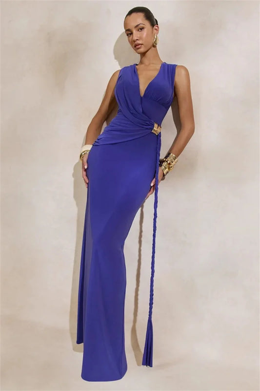 Blue draped sleeveless maxi dress