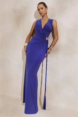 Blue draped sleeveless maxi dress