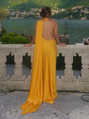 Yellow Satin Open Back Draped Bandage Maxi Dress Golden Atelier 4