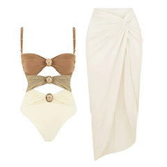 One-Shoulder Swimsuit with Oversized Flower Detail and Matching Printed Sarong Set
