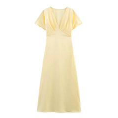 Satin V-Neck Flutter Sleeve Maxi Dress