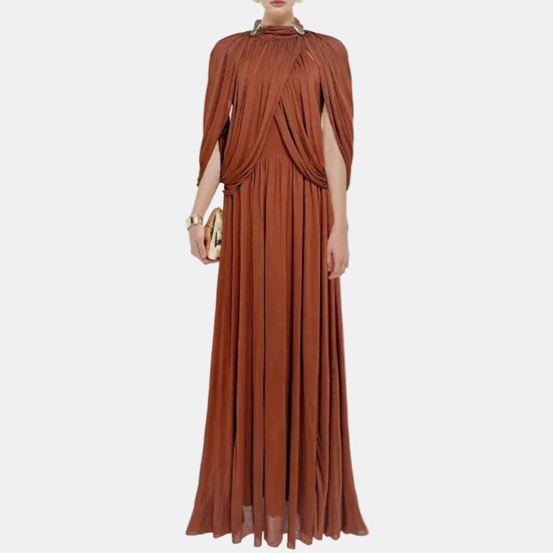 Woman wearing a brown dress with a white background