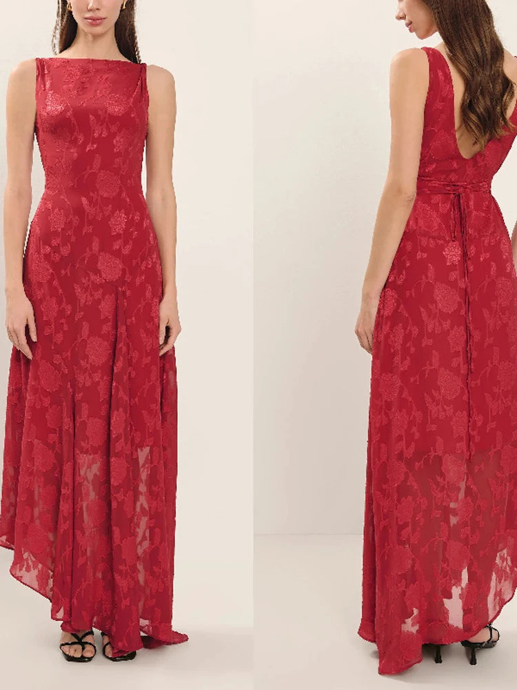Red lace dress shown from front and back 