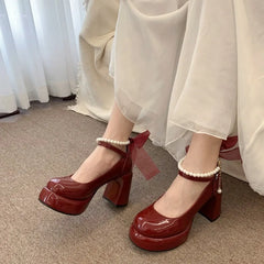 Pearl Chain Platform Block Heel Lolita Shoes