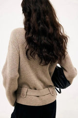 Ribbed knit belted turtleneck coat, back view