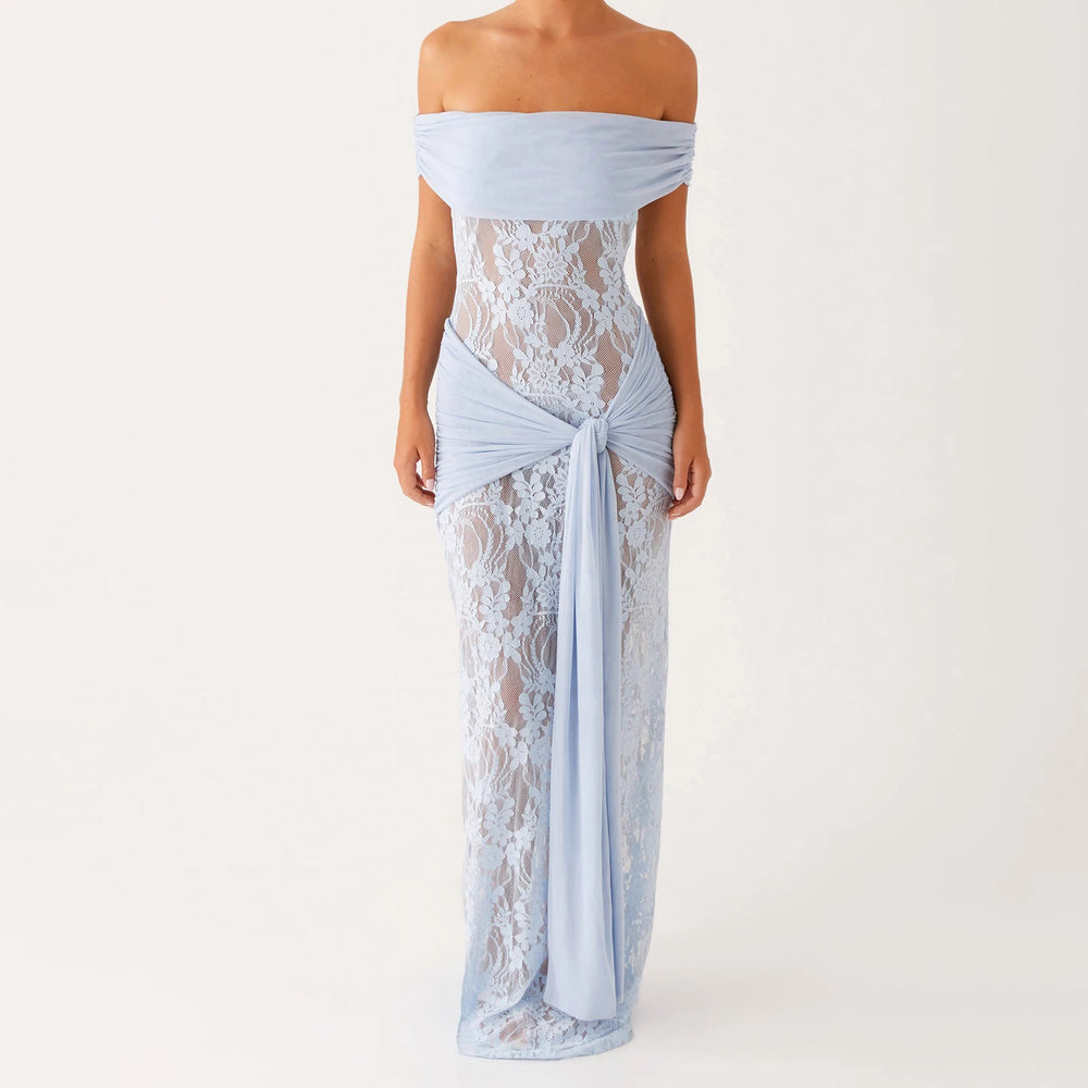 Light blue strapless gown with lace detailing on a white background