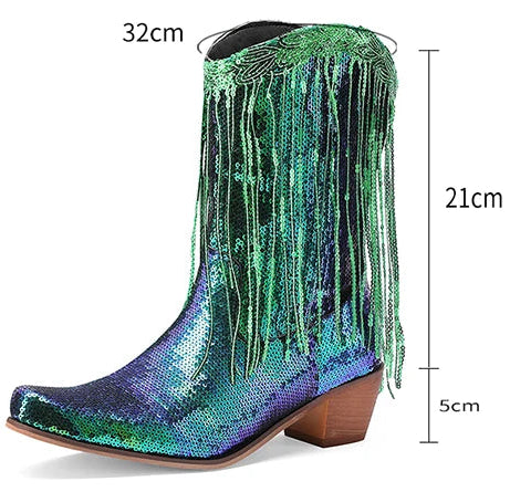 Multicolored sequin boot with fringe and measurements on a white background