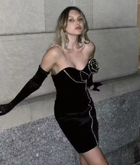 Women's Black 3D Flower Diamond Backless Strapless Mini Dress