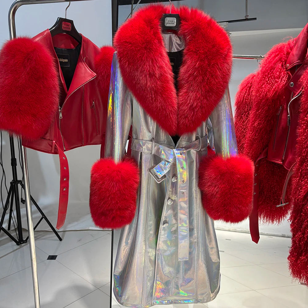 Silver coat with red fur trim on a mannequin against a white background
