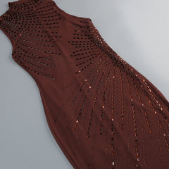 Brown Beaded Turtleneck Sleeveless Stand Neck Maxi Dress