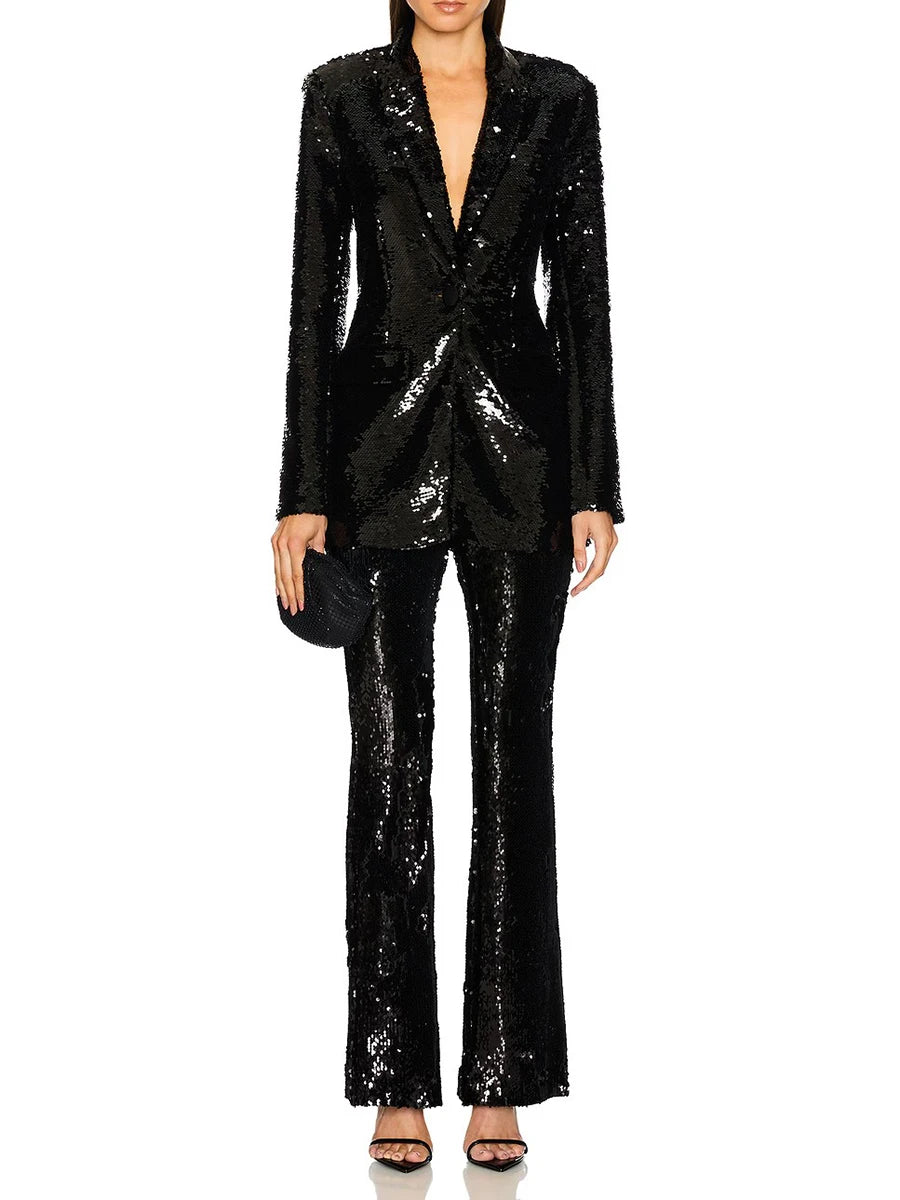 Black sequin suit on a white background