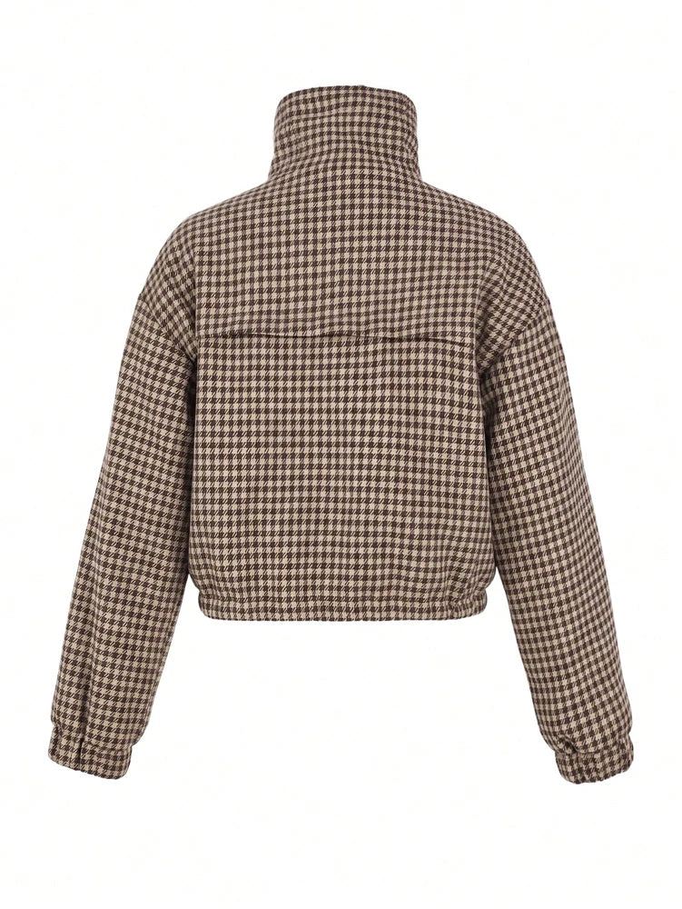 Houndstooth print cropped bomber jacket with stand-up collar and drawstring hem, studio back view.