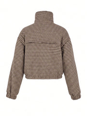 Houndstooth print cropped bomber jacket with stand-up collar and drawstring hem, studio back view.