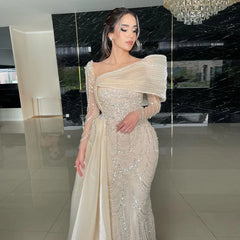 Crystal Mermaid Evening Dress with Overskirt Long Sleeves Dubai Arabic Wedding Formal Prom Gowns  Golden Atelier 1