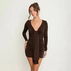 V-neck ruched mini dress in brown