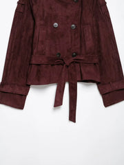 Faux Suede High Neck Cropped Jacket - Belt Detail