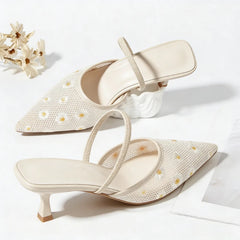 Daisy Embroidered Mesh Slingback Heels