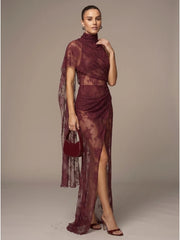 Full body view of high neck draped lace maxi dress