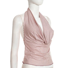 Striped Halter Neck Drape Front Top