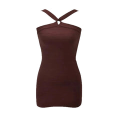 Brown Halter Neck Cross Detail Mini Bandage Dress