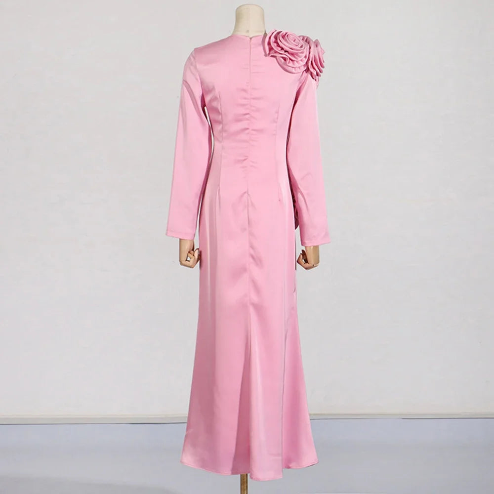 Pink Long Sleeves Hanging 3D Rose Detailed Evening Dress