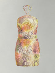 Yellow Halter Ruched Print Mini Dress