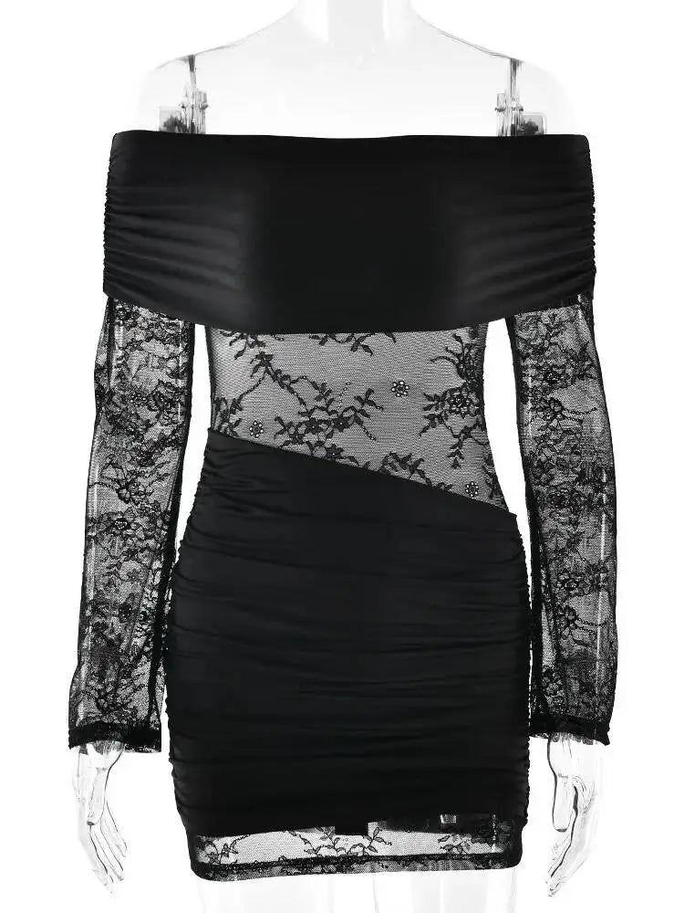 Black off-shoulder dress with lace detailing on a mannequin against a white background