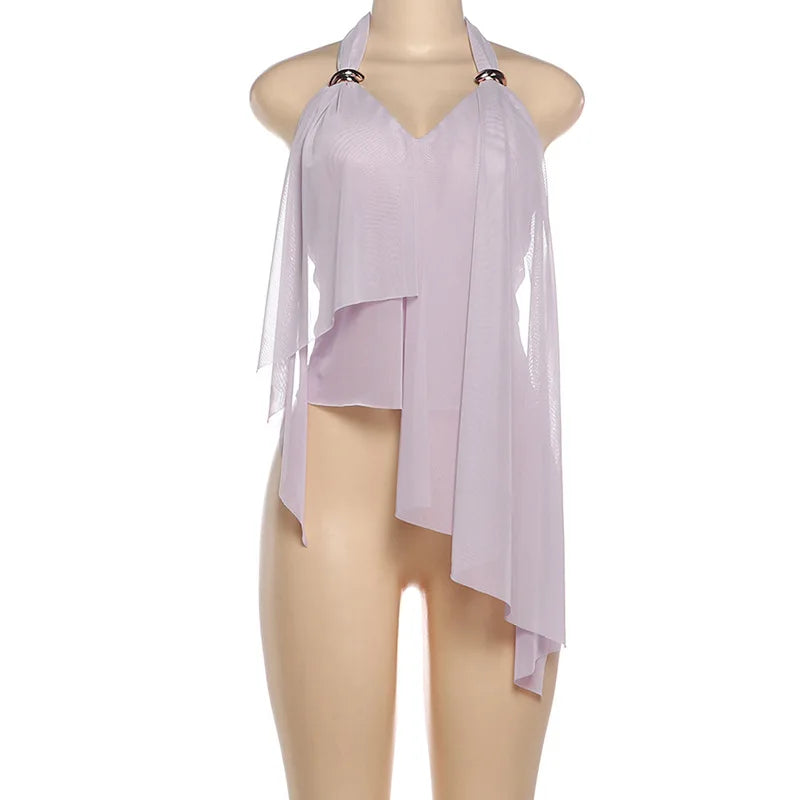 Lavender halter top with sheer sleeves on a mannequin against a white background