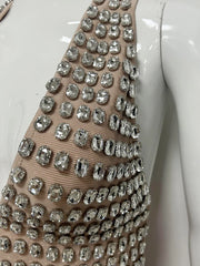 Crystal Embellished Halter White Pleated Hem Mini Dress