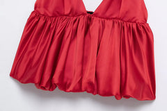 Red Solid Satin Puff Short Camisole Top