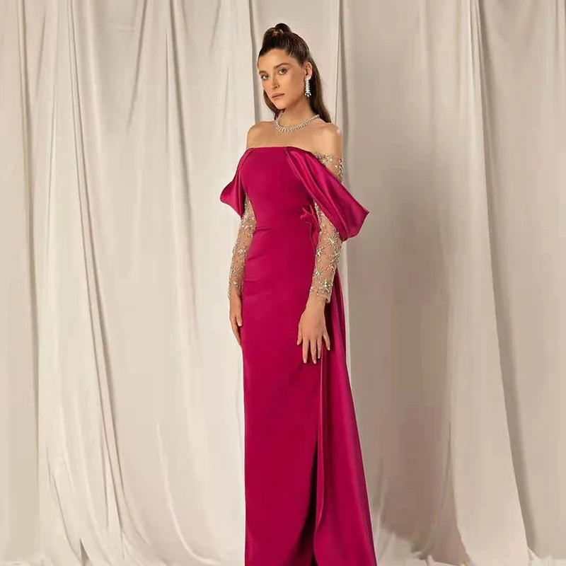 Off Shoulder Mermaid Fuchsia Evening Dresses for Women Wedding Party Overskirt Beaded Formal Gowns  Golden Atelier 1