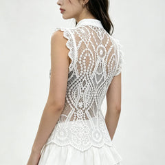 Back view of floral lace sleeveless top with mandarin collar