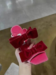 Pink Velvet Bow Stiletto Mules