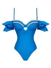 Blue One Piece Pearl 3D Floral Swimsuit