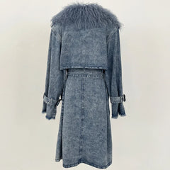 Blue denim coat with fur collar on a light beige background