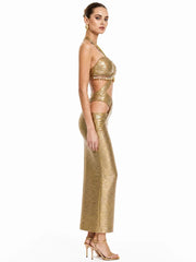 Gold beaded halter cutout maxi dress side view