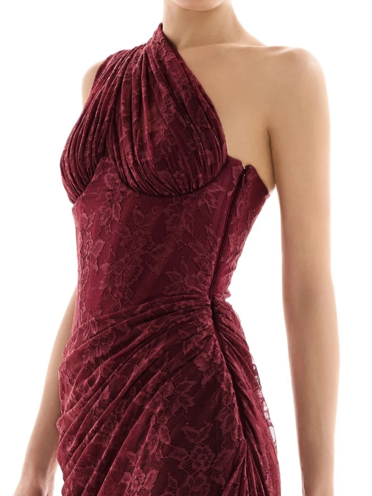 Maroon one-shoulder dress on a white background