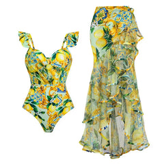 Ruffled Floral Print One-Piece Swimsuit and Maxi Skirt Set