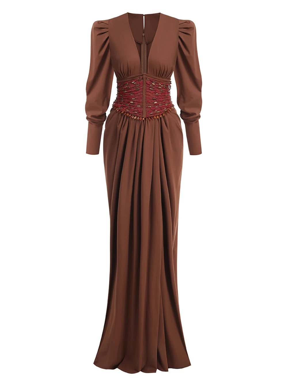 Brown evening gown with intricate waist design on a white background