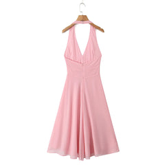 Woman wearing a Pink Bow Backless Off Shoulder Mini Dress 