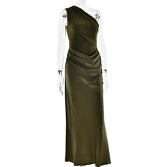 One Shoulder Draped Satin Maxi Dress