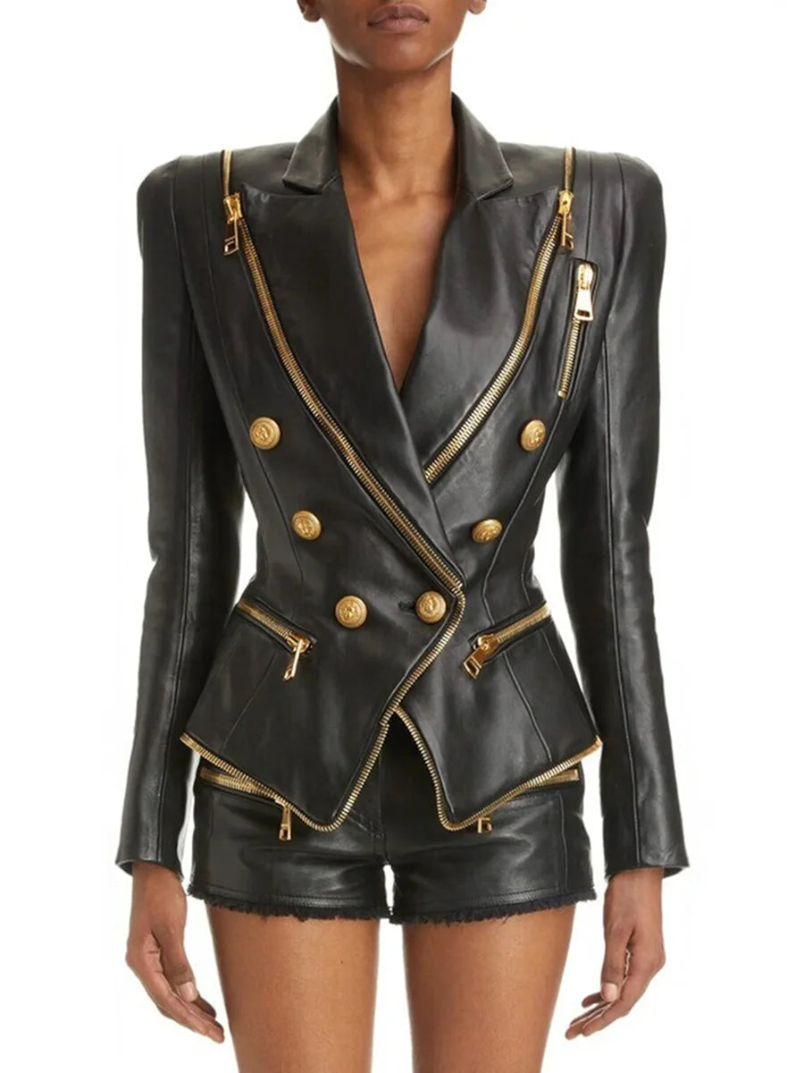 Faux Leather Double Breasted Blazer with Gold Zippers