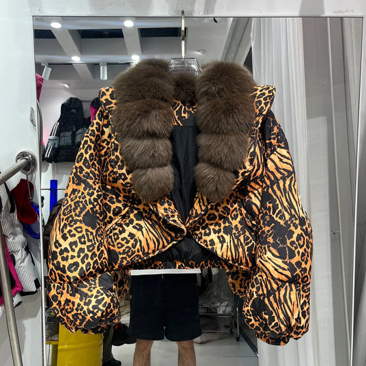 Leopard print puffer jacket with brown fur collar