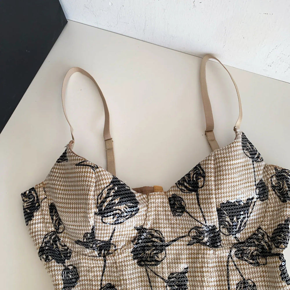 Close-up of floral print corset top neckline