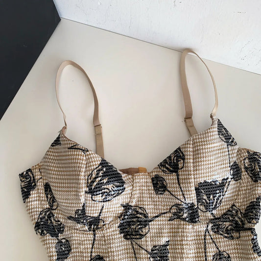 Close-up of floral print corset top neckline